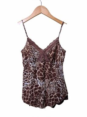 MKM Designs Y2K Animal Print Lace Cami Babydoll Top Brown Small
